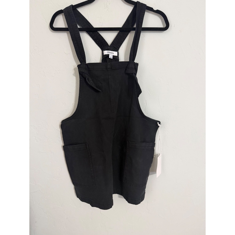 Zenana Black Denim Shortalls Overalls Tie Straps Pockets DMO-1869Y Mens M NEW